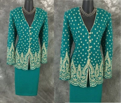 HERMOSO traje falda adornada pedrería oro verde punto noche St John 14 Foto 1 de 4