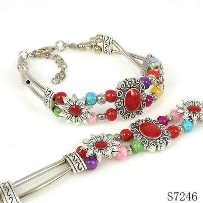 Ladies Bangle Tibetan Silver Bangle Multicolor Turquoise Bead Woman Bracelet - Image 1 of 3