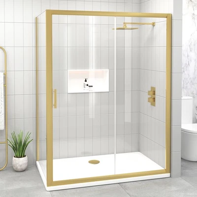ROYAL BATHROOMS 1200 x 760mm Brushed Brass Sliding Shower Enclosure Door With Side Panel Glass