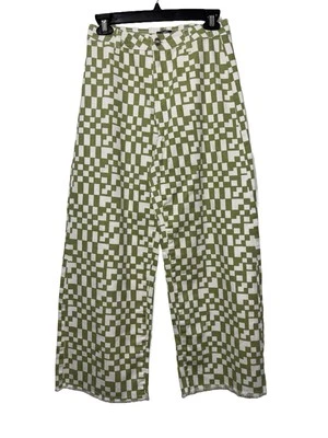 Truce Kids girls Sz 14 Green White Checkerboard Wide Leg Denim Jeans kawaii art - Image 1 of 4