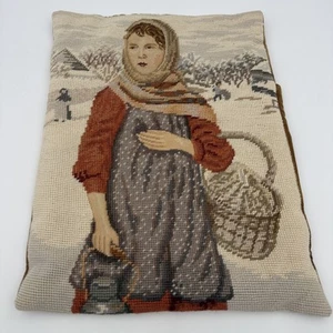 Vintage Nadelspitze Mädchen mit Korb Winter Überwurf Kissenbezug oder Gobelin Samtrücken - Bild 1 von 7