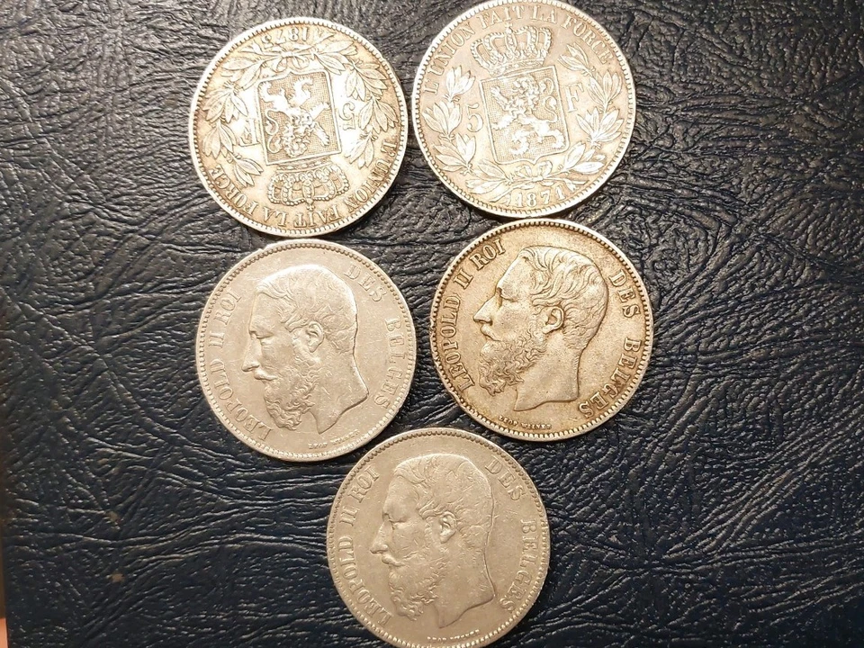 Plata belga/belga 5 francos rey Leopoldo II/mundo/extranjero plata histórica Foto 1 de 4