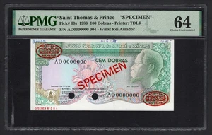 Saint Thomas & Prince 100 Dobras 1989 P60s 'Specimen N.004" UNC Grade 64 Top Pop - Picture 1 of 2