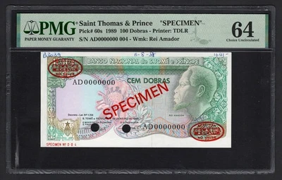 Saint Thomas & Prince 100 Dobras 1989 P60s 'Specimen N.004" UNC Grade 64 Top Pop - Image 1 of 2