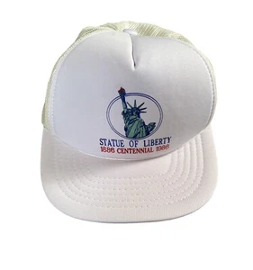 Vintage New York Freiheitsstatue Druckknopflasche Trucker Nylon weißer Hut 1886 Cent. - Bild 1 von 4