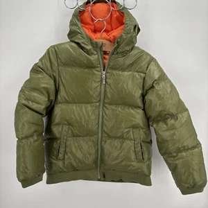 Hanna Andersson Down Filled Camo Green Puffer Jacket Hooded Boys Size 12 160 - Picture 1 of 9