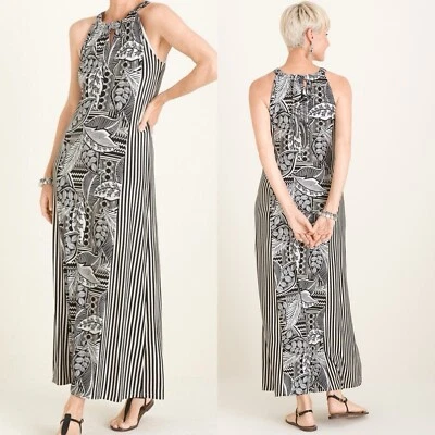 Chico’s Tropical Print Striped Maxi Dress Halter Stretch Jersey Size 0 (4-6) - Image 1 of 4
