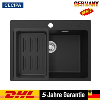 Granitspüle Spülbecken Küchenspüle Schwarz mit Siebkorb Granit mit Siphon 60x45  - Bild 1 von 4