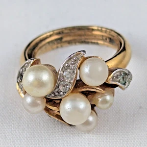VTG Avon Faux Pearl Ring Cluster Crystal Accent Gold Tone Sz 6 Adjustable - Bild 1 von 6