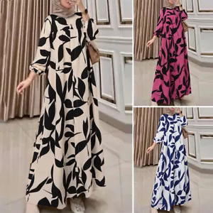UK Womens O-Neck Long Sleeve Floral Print Muslim Casual Loose Long Dress Kaftan - Picture 1 of 15