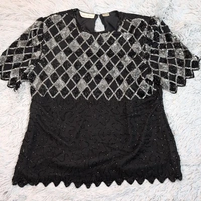 Camisa vintage Lawrence Kazar para mujer L blusa de seda negra con cuentas brillante Top Foto 1 de 4