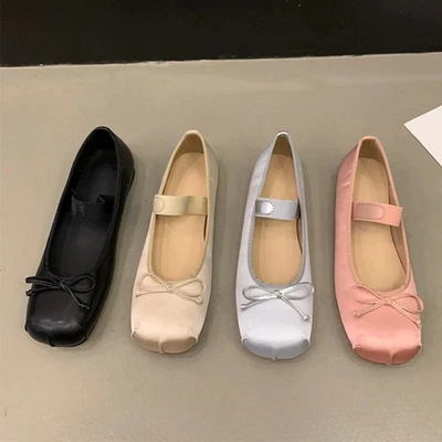 Ballet Shoes Woman Classic Square Toe Bowtie Elastic Flats Ladies Soft Loafers - Image 1 of 4