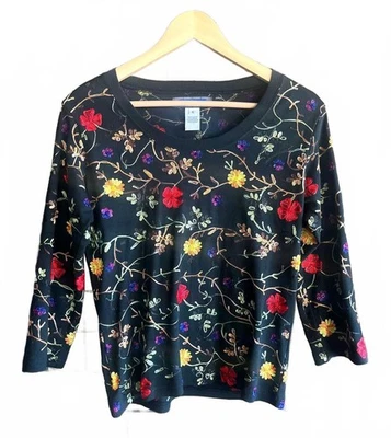 Top vintage Austin Reed para mujer pequeño negro floral bordado manga 3/4 Foto 1 de 4