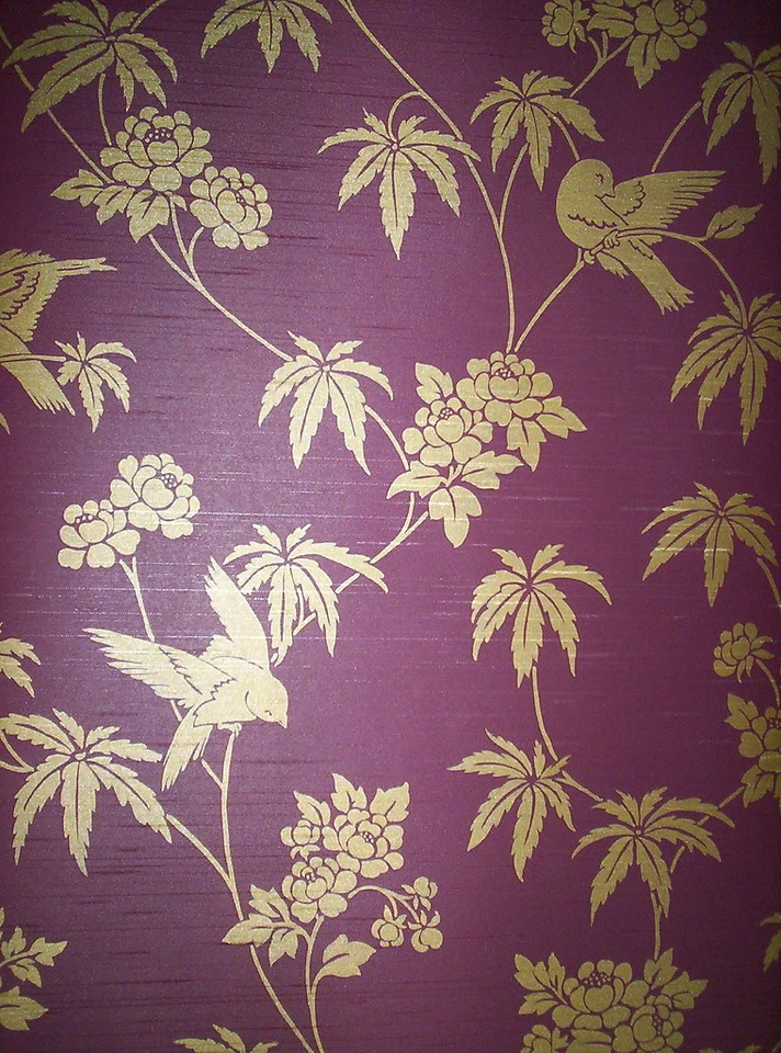 ORIENTAL INSPIRED PLUM & GOLD FLORAL AND BIRD PREPASTED WALLPAPER # CH28282 - Image 1 of 3
