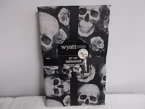Wyatt Home Halloween Black & White Skulls Roses Fabric Tablecloth 60" X 84" - Picture 1 of 4