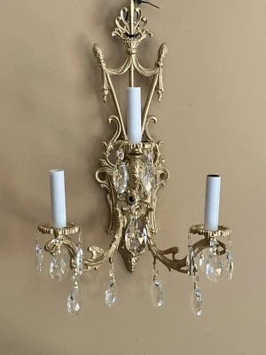 PAIR Vintage French Brass Crystal Candelabra Lamp Wall Sconces 3 Light - Image 1 of 4