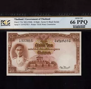 Thailand 10 Bath 1948 P-71b * PCGS Gem Unc 66 PPQ * King Rama * - Picture 1 of 2