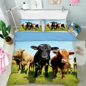 3D Cow Grass R86 Animal Bed Pillowcases Quilt Duvet Cover Queen King Zoe - Picture 1 of 7