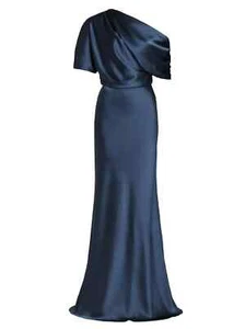 🤍 AMSALE French Blue Draped Satin One Shoulder Asymmetric Maxi Gown Dress 4 US - Picture 1 of 8