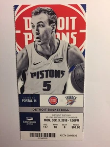 DETROIT PISTONS VS OKLAHOMA THUNDER 3 DICEMBRE 2018 BIGLIETTO STUB - Foto 1 di 1