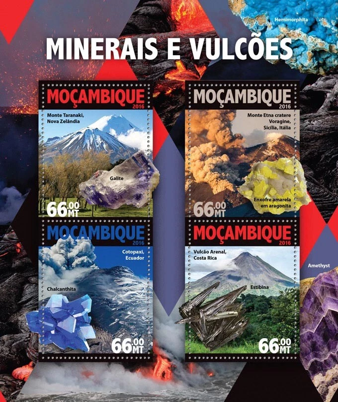 Mozambique Minerals & Volcanoes Stamps 2016 MNH Mount Taranaki Etna 4v M/S - Image 1 of 1