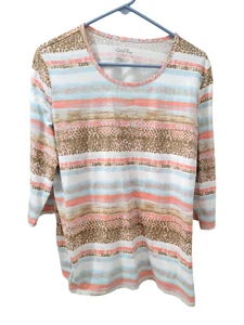 Camiseta deportiva Coral Bay para mujer XL manga 3/4 azul melocotón marrón rayas - Imagen 1 de 12