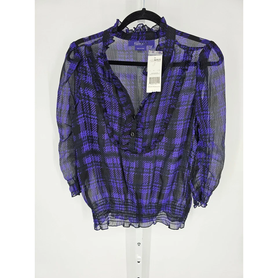 Top informal a cuadros negro púrpura manga larga con cuello en V de Miley Cyrus para mujer talla L Foto 1 de 4
