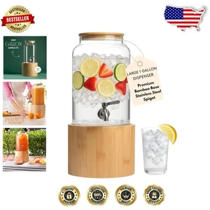 Versátil dispensador de bebidas de 1 galón - Vidrio con soporte de bambú y grifo de acero inoxidable - Imagen 1 de 9