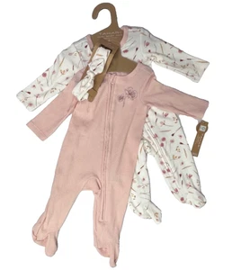 Tahari Baby 3 Piece Set Floral Waffle One Piece Headband 3/6M Organic Cotton - Picture 1 of 10