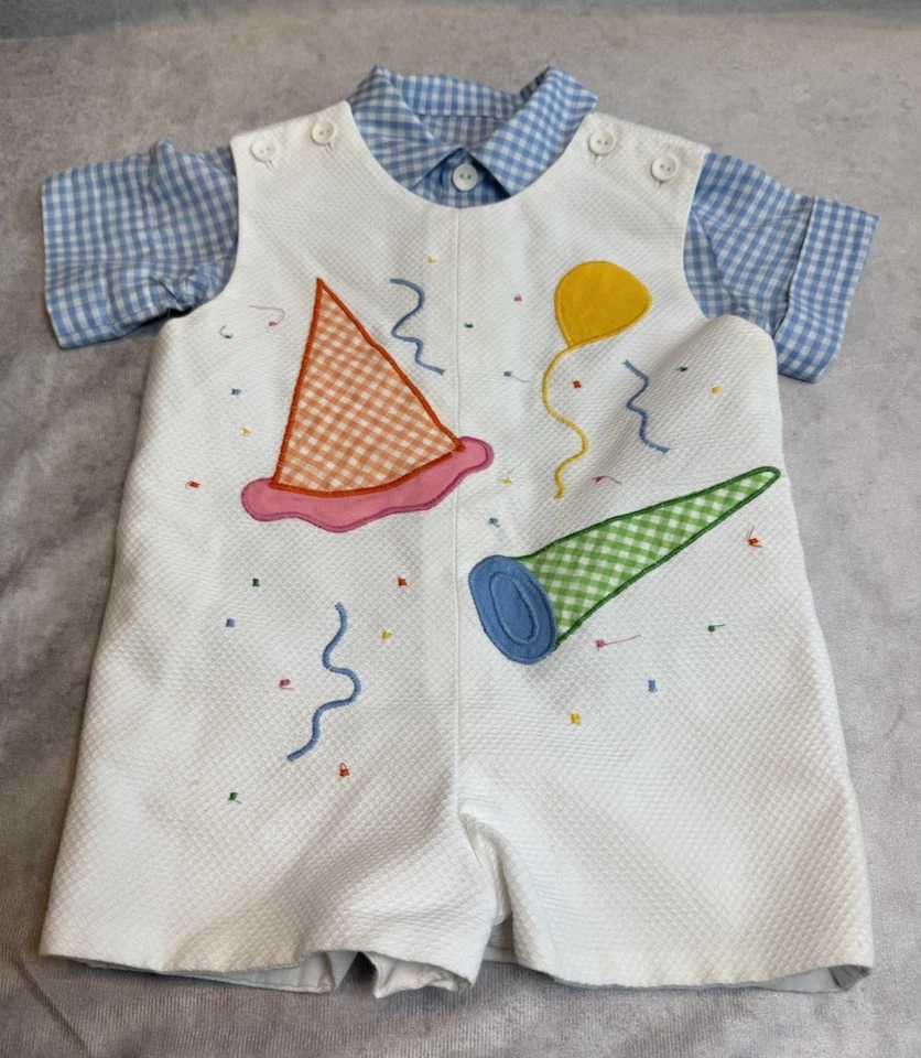 Mono de cumpleaños para niños pequeños de colección mameluco talla 24 meses camisa guinga 2 piezas Foto 1 de 4