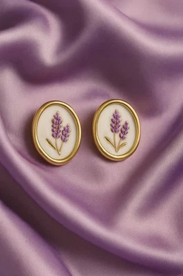 Anthropologie Flower Cameo Earrings Lavender Gold VTG Stud Carved Statement - Image 1 of 4