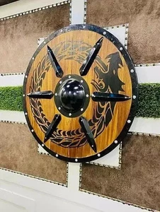 Medieval Wooden Shield Yellow Ragnarok Viking For Cosplay And Gift 22 inches - Picture 1 of 5