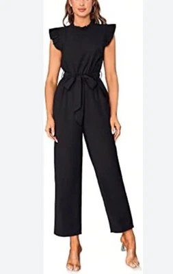 BeBop 纯色阔腿连身裤连身裤女式 XL 码黑色弹性腰围 — 第 1/4 张图片