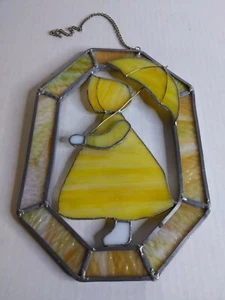 Stained Glass Yellow Window Suncatcher Girl With Bonnet Holding Umbrella - Picture 1 of 4