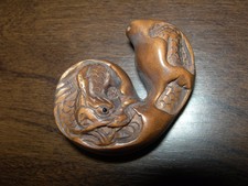 NETSUKE DRAGON EGG SHELL FIGURINE BOXWOOD JAPANESE HANDMADE CARVING SIGNED