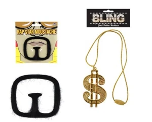 Rap Star selbstklebende Schnurrbart- und Bartverkleidung mit goldener Puppenkette. - Bild 1 von 3