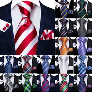 Mens Ties Blue Floral Checks Striped Paisley Silk Necktie Hanky Cufflink Set 3PC - Picture 1 of 210
