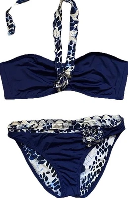 Becca Blue White Bikini Scalloped Swimsuit 2 Piece Set Women Top L Bottom S Sout - Image 1 of 4