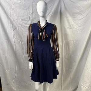 Vestido vintage años 70 Town Topic azul marino ajustado y acampanado a rayas manga transparente lazo S - Imagen 1 de 11