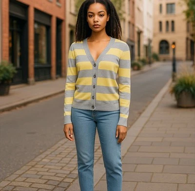 GAP Suéter Mujer Talla S Amarillo Gris Rugby Mezcla Cachemira Cárdigan Y2K De Colección Foto 1 de 4