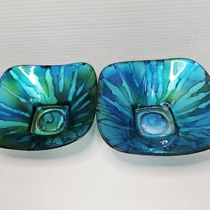 Kember Glass Bowls Blue Green Oceanic Waves Set Of 2 Silver Bottoms - Picture 1 of 7