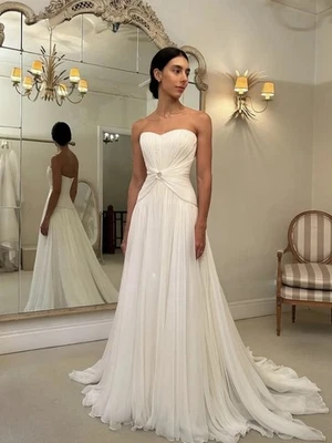 Bohe Wedding Dress Sweetheart Neckline Pleats A-Line Long Beach Bridal Gowns - Image 1 of 4