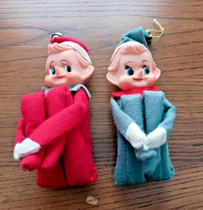 2 Vintage rot und gold Knie Umarmung Pixie Elfe Weihnachtsschmuck-Japan - Bild 1 von 13