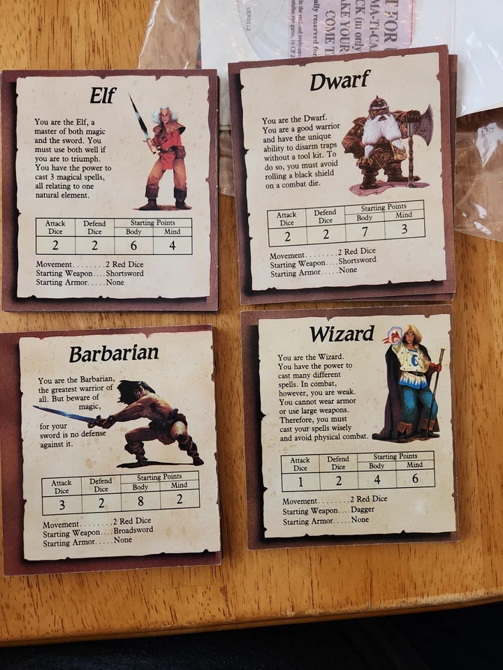 HEROQUEST 游戏替换全套 4 张英雄卡 1990 年 D&D 角色扮演游戏 — 第 1/4 张图片