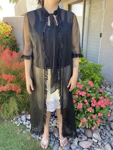 Vintage Negro Transparente Bata Cuello Corbata Sexy Pequeña Mediana Peignoir Bata - Imagen 1 de 5