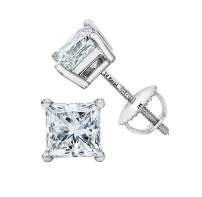 14K Solid Gold CVD Princess Stud Earrings, Lab Diamond (E-F, VS–SI) Jewelry - Image 1 of 4