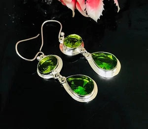 Peridot Gemstone Earring 925 Sterling Silver Handmade Jewelry - 2" - Picture 1 of 1