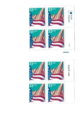 Set of 2 US #3277 33¢ Flag plate block P# 1111 and USPS Copyright Block - Image 1 of 2