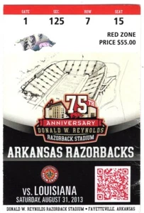 Boleto de fútbol americano Arkansas Razorbacks juego de Louisiana 2013 estadio Razorback - Imagen 1 de 2