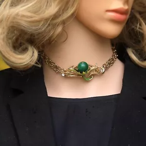 Collier Ras du Cou Bijoux Cheveux Fleur Email Vert Perle Jade Art Nouveau XZ16 - Foto 1 di 7